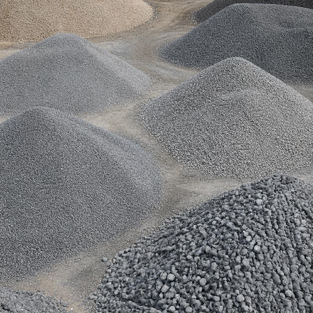 Stockpiles of crushed stone aggregate in different sizes