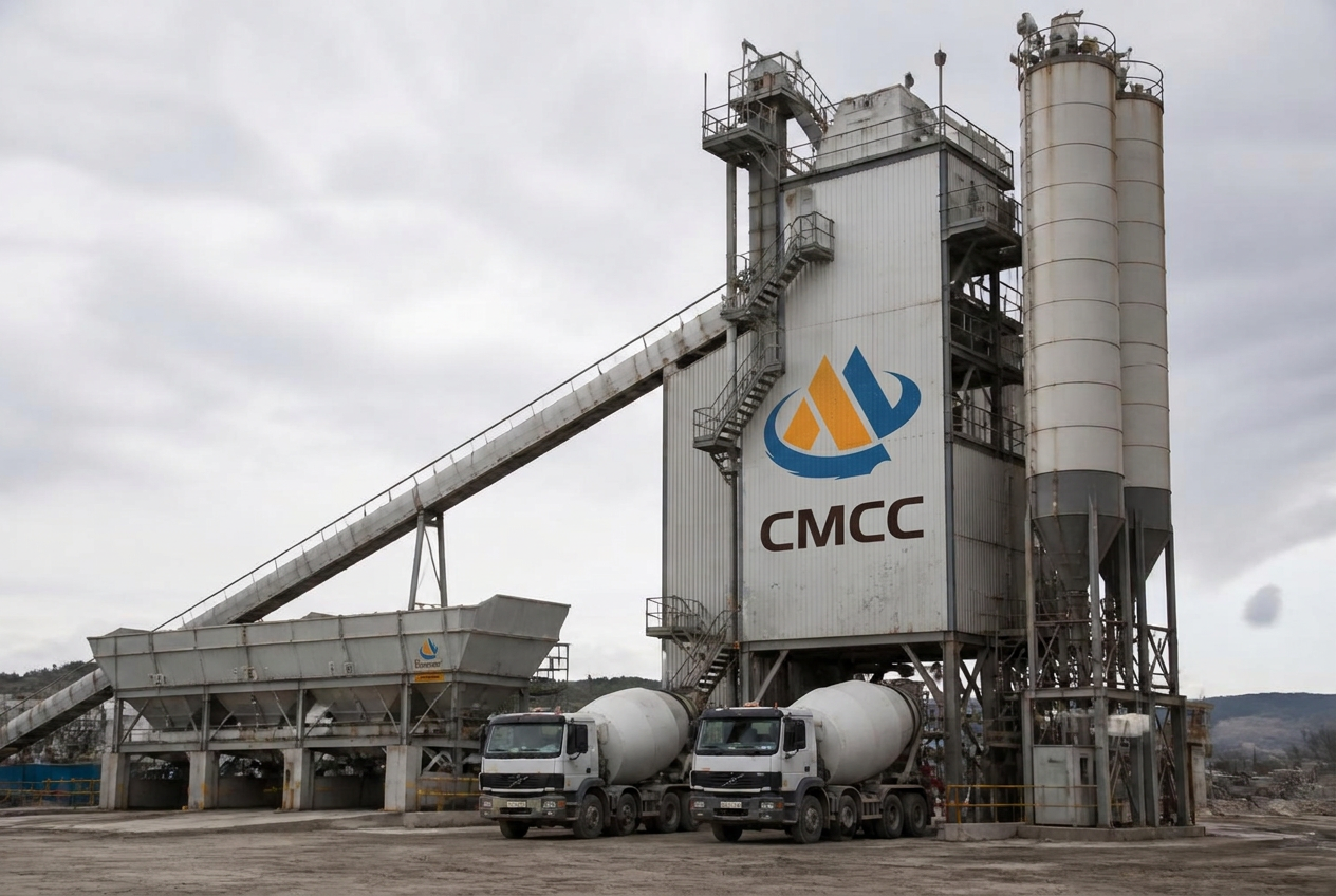 Concrete batching plant with cement silos and mixer trucks