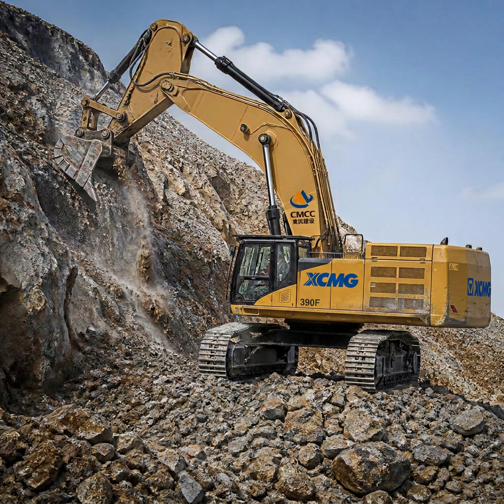 Hydraulic excavator working a quarry rock face