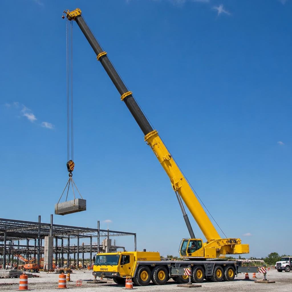 Telescopic mobile crane lifting a load on a construction site